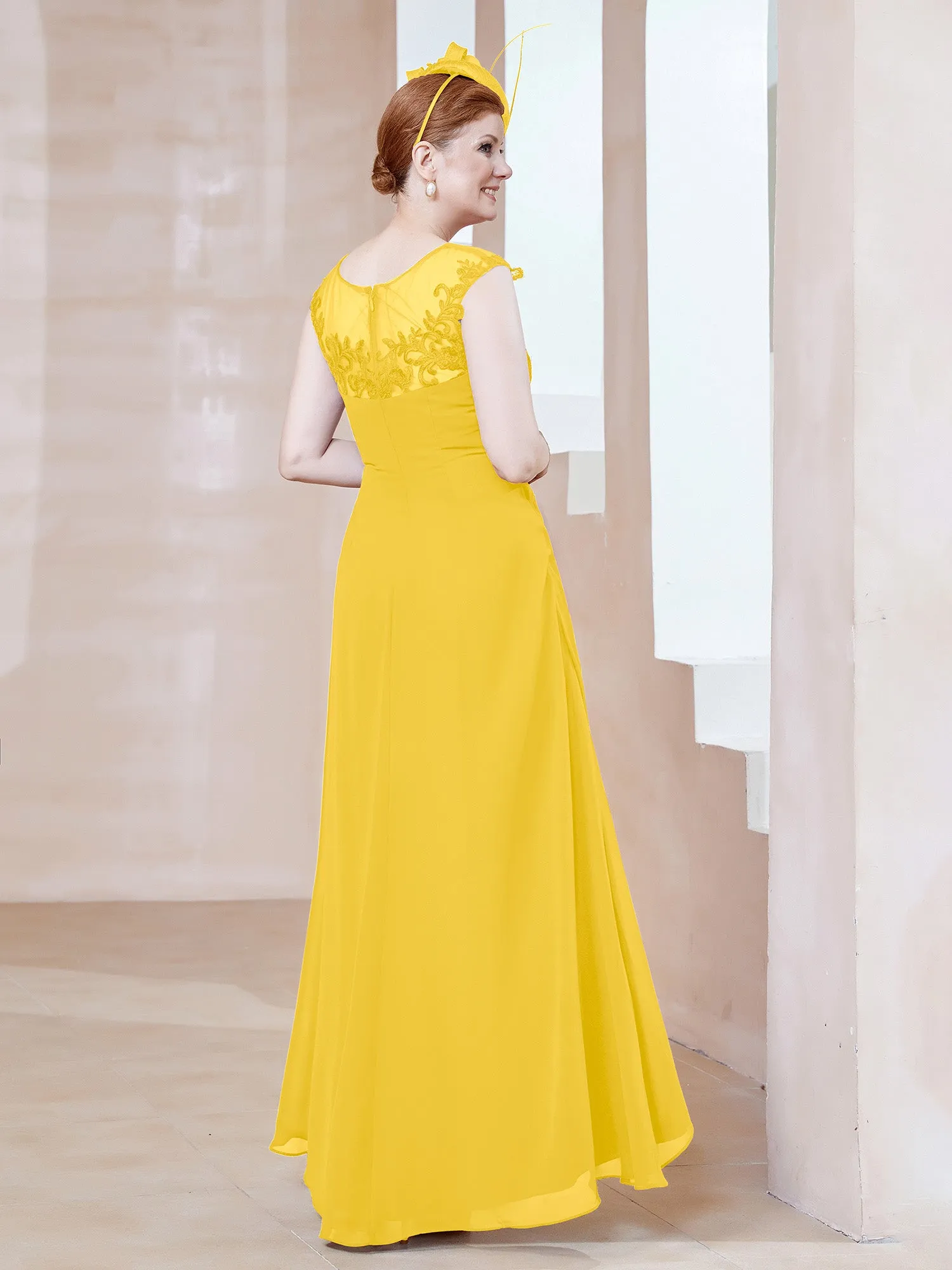 Illusion Lace Neckline Asymmetrical A-Line Dress Marigold