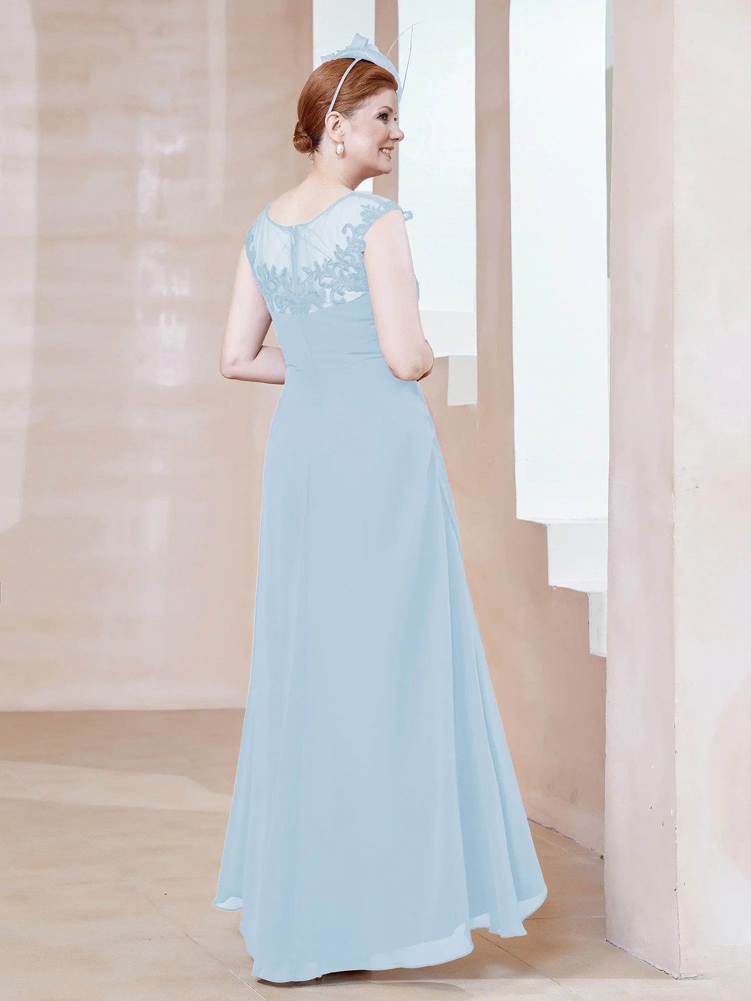 Illusion Lace Neckline Asymmetrical A-Line Dress Sky Blue