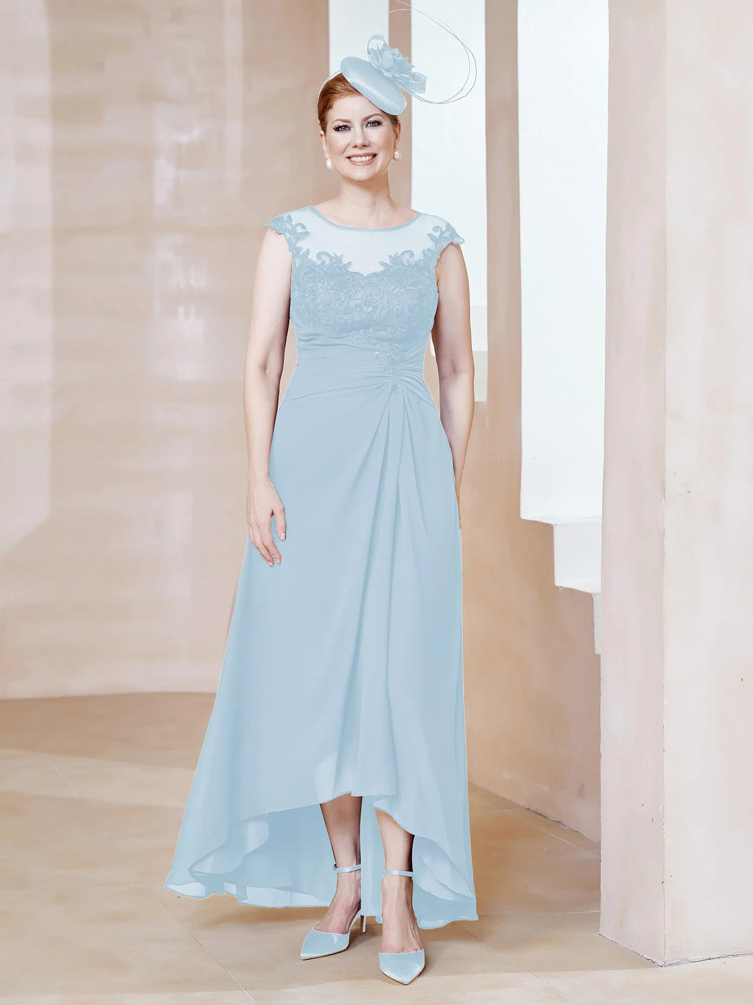 Illusion Lace Neckline Asymmetrical A-Line Dress Sky Blue