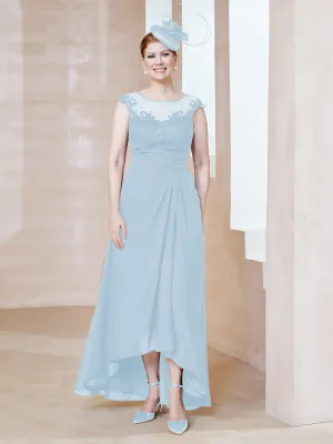 Illusion Lace Neckline Asymmetrical A-Line Dress Sky Blue