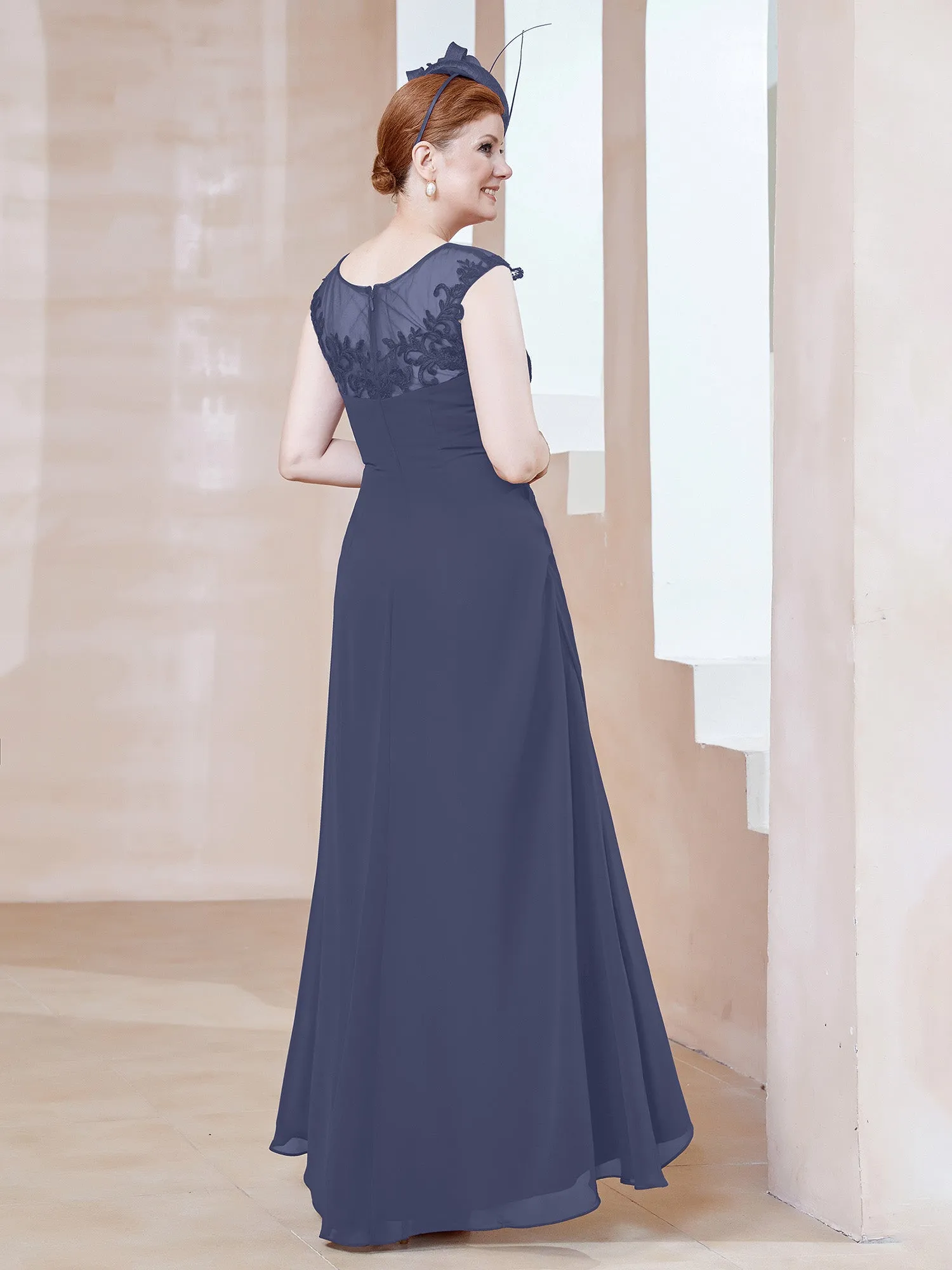 Illusion Lace Neckline Asymmetrical A-Line Dress Stormy
