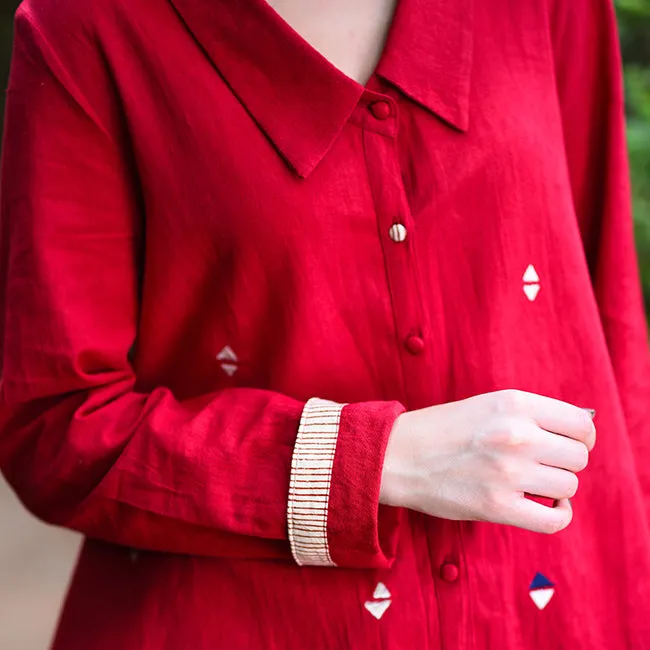 India Burgundy Embroidered Cotton Khadi Shirt