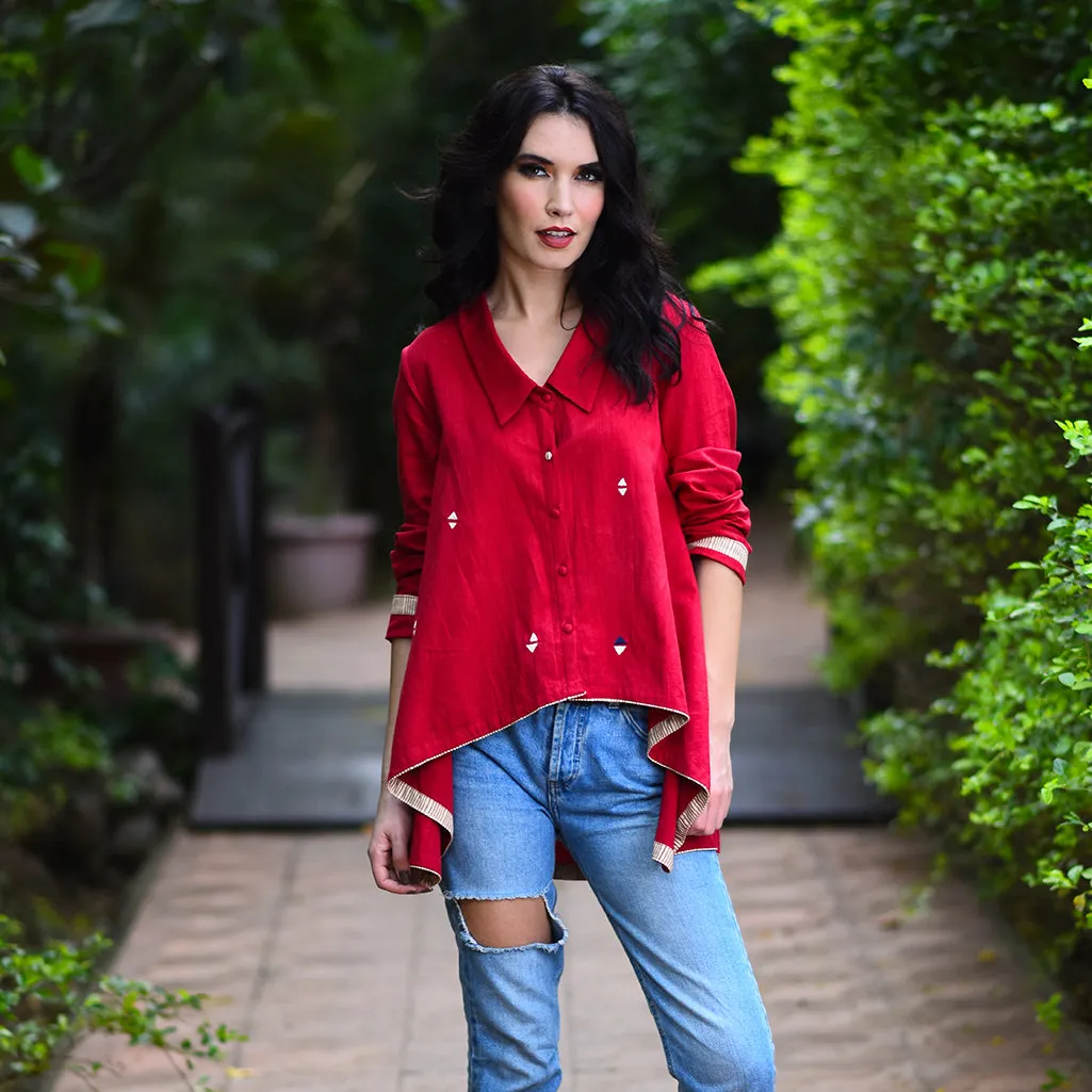 India Burgundy Embroidered Cotton Khadi Shirt
