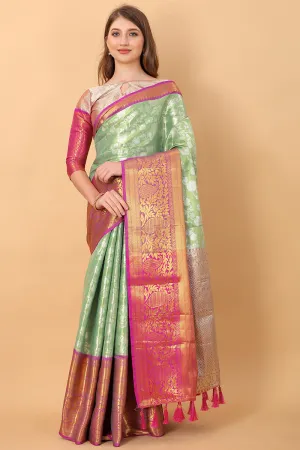 Inspiring Pista Kanjivaram Silk Saree With Desiring Blouse Piece