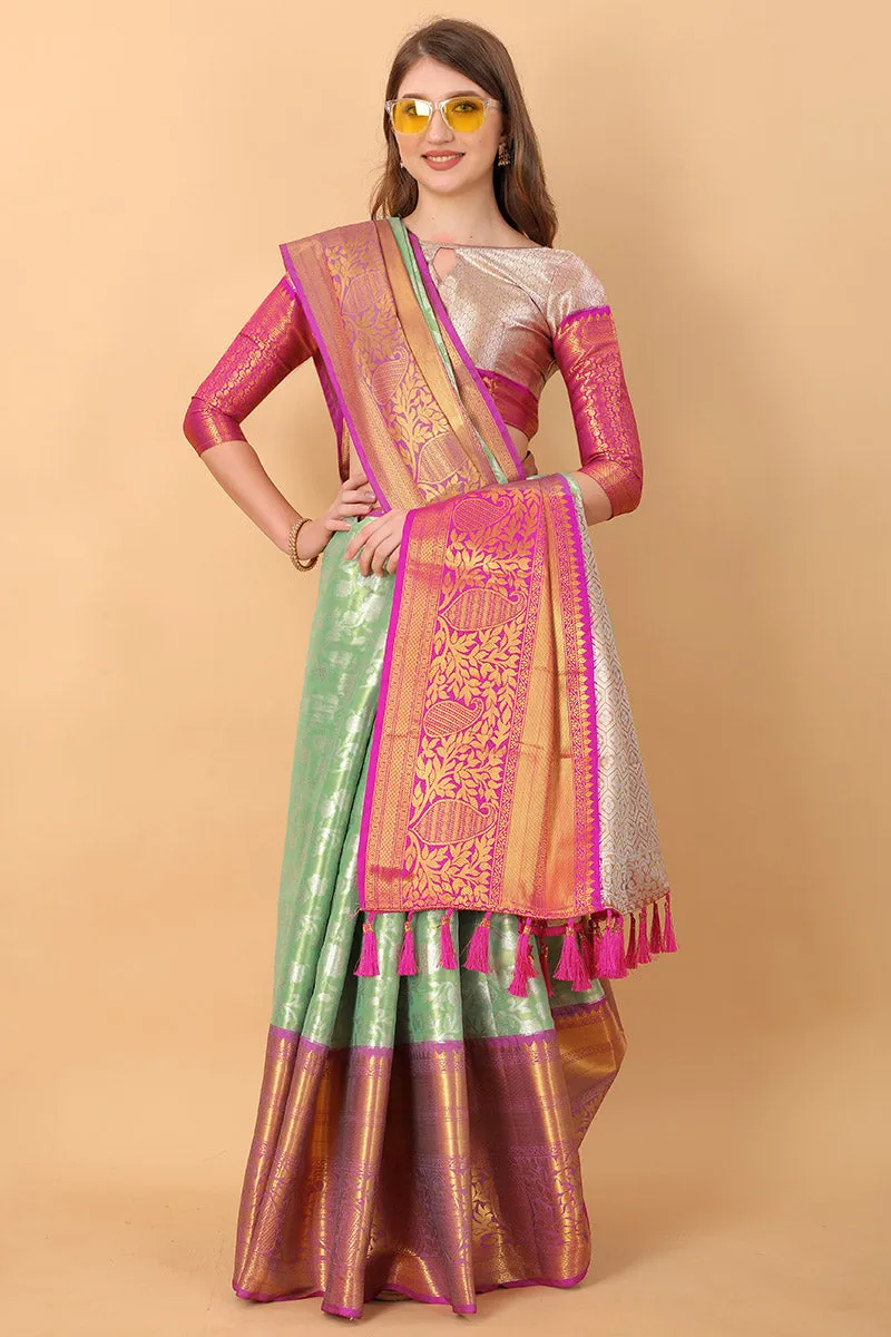 Inspiring Pista Kanjivaram Silk Saree With Desiring Blouse Piece
