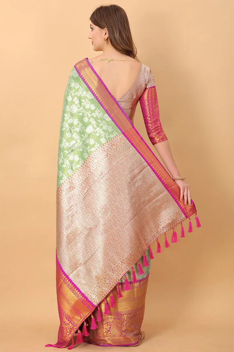 Inspiring Pista Kanjivaram Silk Saree With Desiring Blouse Piece