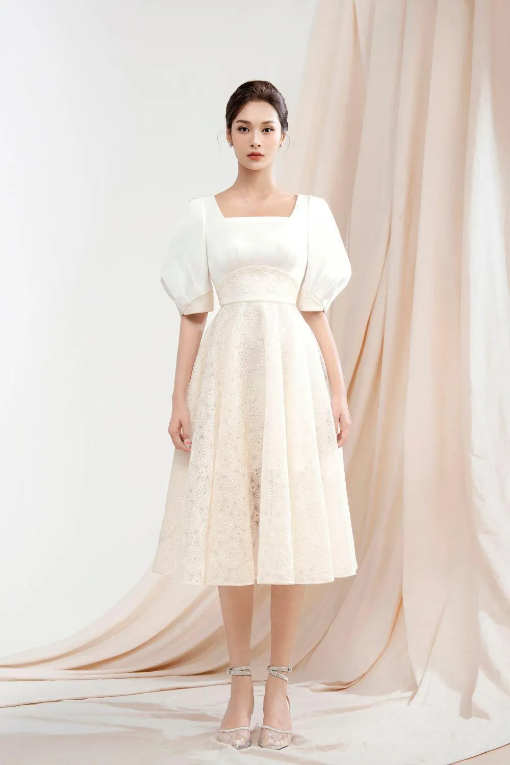 Jane A-line Square Neck Silk Lace Midi Dress