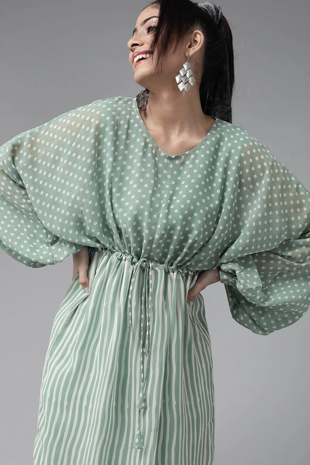 Juniper Sage Green Stripes Printed  Georgette High-Low Tunic & Inner With Drawstring At Waist