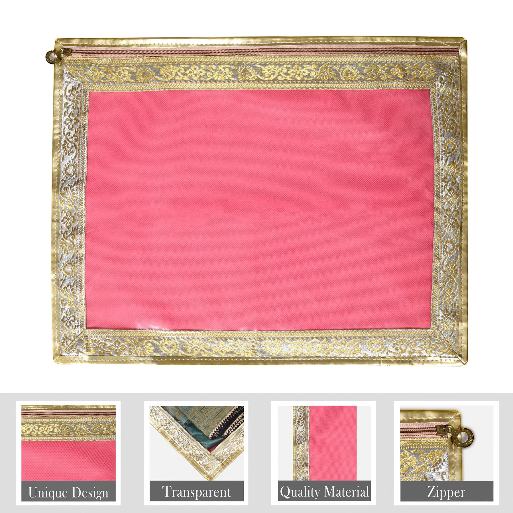 Kuber Industries Saree Cover | Clothes Storage Bag | Single Packing Saree with Zip Closure | Wardrobe Organizer | Cloth Stoarge Organizer | 4 Side Lace Saree Cover | Pack of 12 | Light Pink