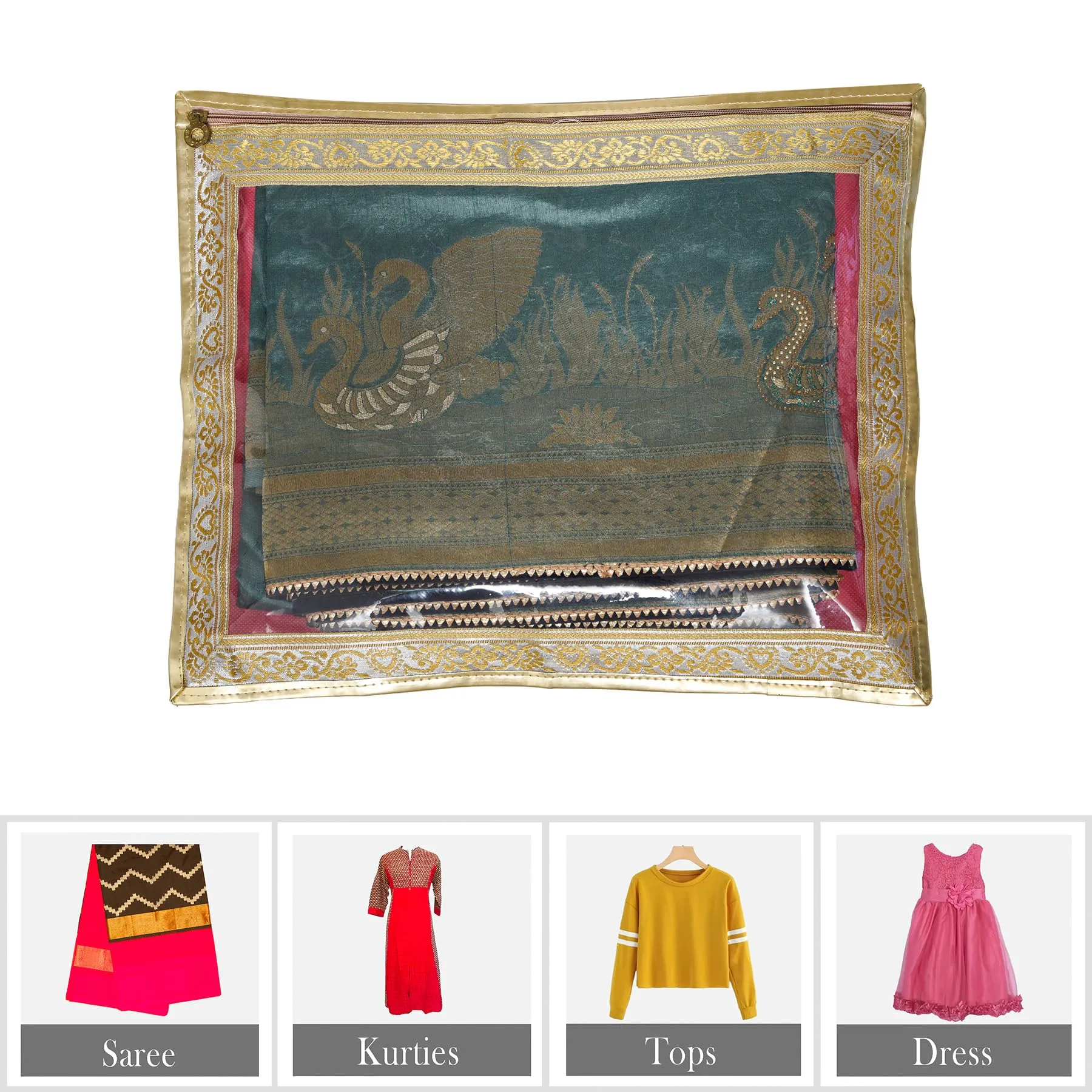 Kuber Industries Saree Cover | Clothes Storage Bag | Single Packing Saree with Zip Closure | Wardrobe Organizer | Cloth Stoarge Organizer | 4 Side Lace Saree Cover | Pack of 12 | Light Pink
