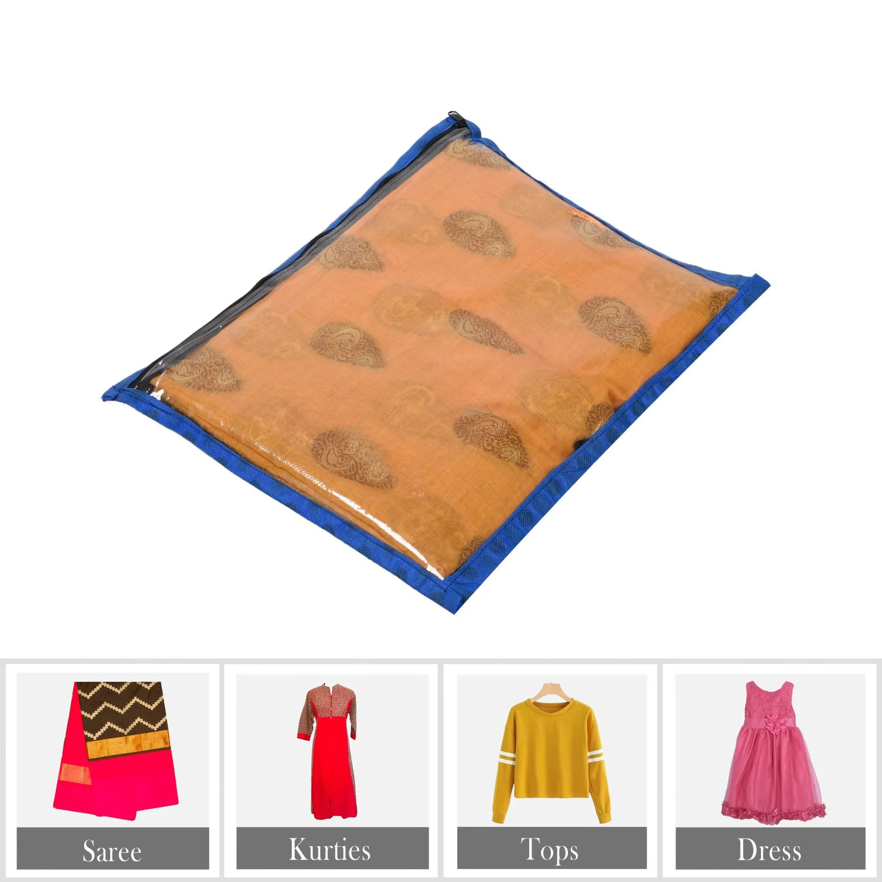 Kuber Industries Saree Cover | Clothes Storage Bag | Single Packing Saree with Zip Closure | Wardrobe Organizer | Cloth Stoarge Organizer | Dot Design | Pack of 12 | Blue