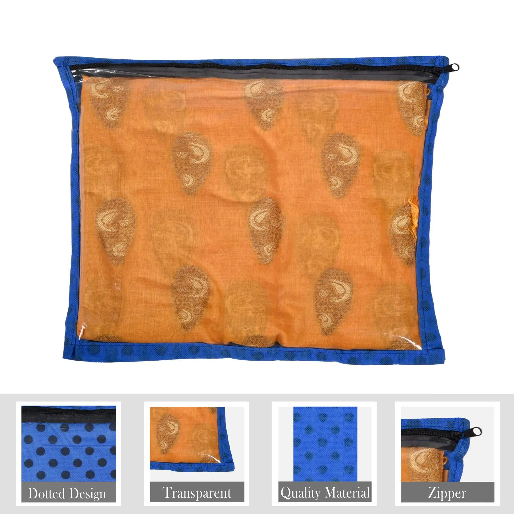 Kuber Industries Saree Cover | Clothes Storage Bag | Single Packing Saree with Zip Closure | Wardrobe Organizer | Cloth Stoarge Organizer | Dot Design | Pack of 12 | Blue