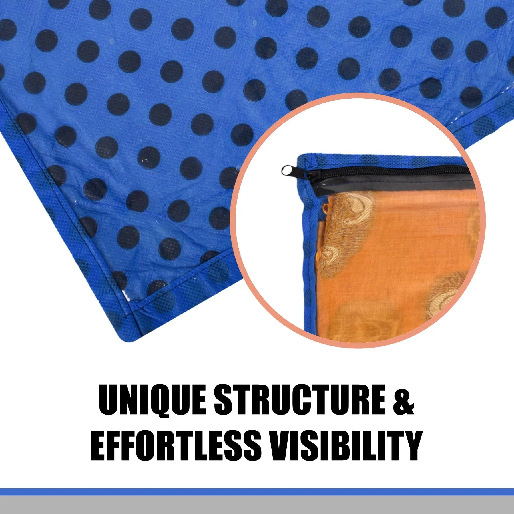 Kuber Industries Saree Cover | Clothes Storage Bag | Single Packing Saree with Zip Closure | Wardrobe Organizer | Cloth Stoarge Organizer | Dot Design | Pack of 12 | Blue