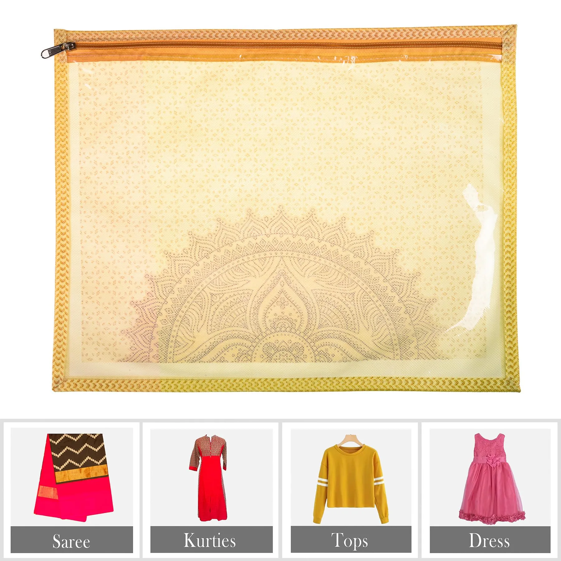 Kuber Industries Saree Cover | Clothes Storage Bag | Single Packing Saree with Zip Closure | Wardrobe Organizer | Cloth Storage Organizer | Rangoli Design | Pack of 12 | Cream
