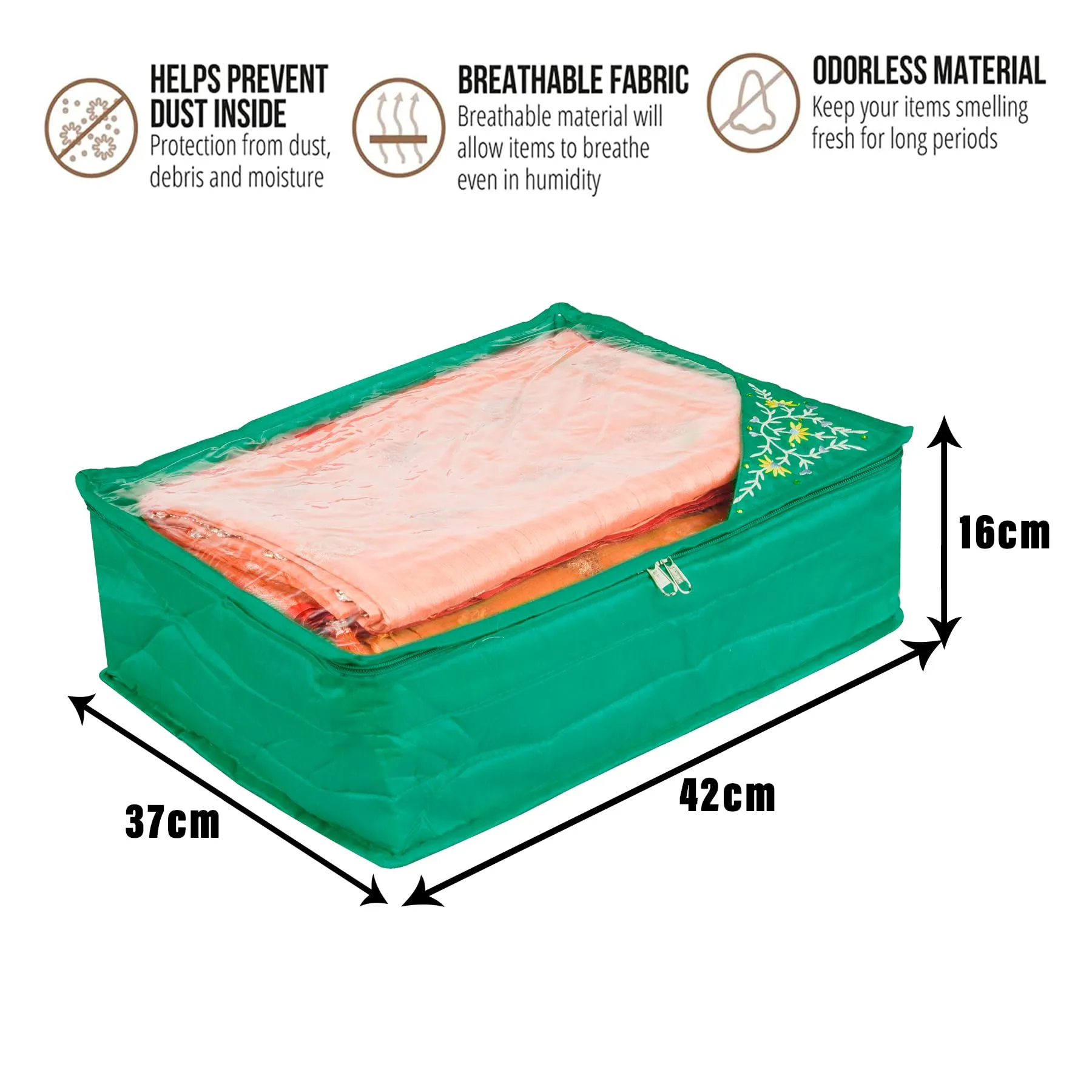 Kuber Industries Saree Cover | Clothes Storage Bag | Storage Organizer Bag | Zip Closure Saree Cover | Wardrobe Organizer | Side Embroidery Saree Cover | 6 Inch | Green