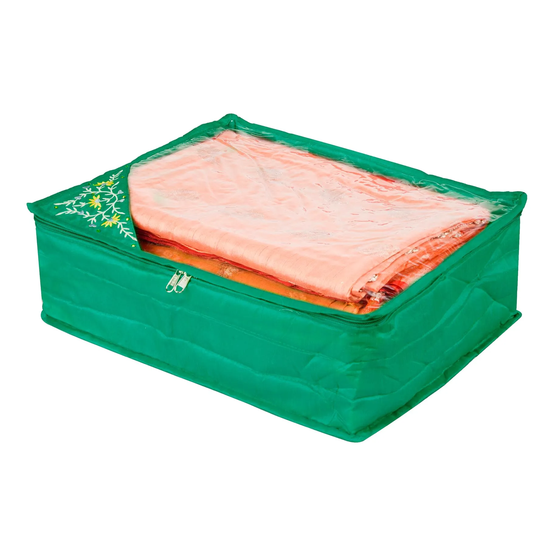 Kuber Industries Saree Cover | Clothes Storage Bag | Storage Organizer Bag | Zip Closure Saree Cover | Wardrobe Organizer | Side Embroidery Saree Cover | 6 Inch | Green