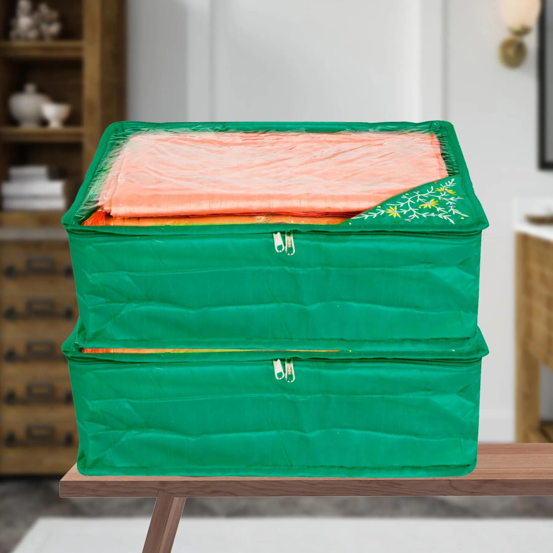 Kuber Industries Saree Cover | Clothes Storage Bag | Storage Organizer Bag | Zip Closure Saree Cover | Wardrobe Organizer | Side Embroidery Saree Cover | 6 Inch | Green