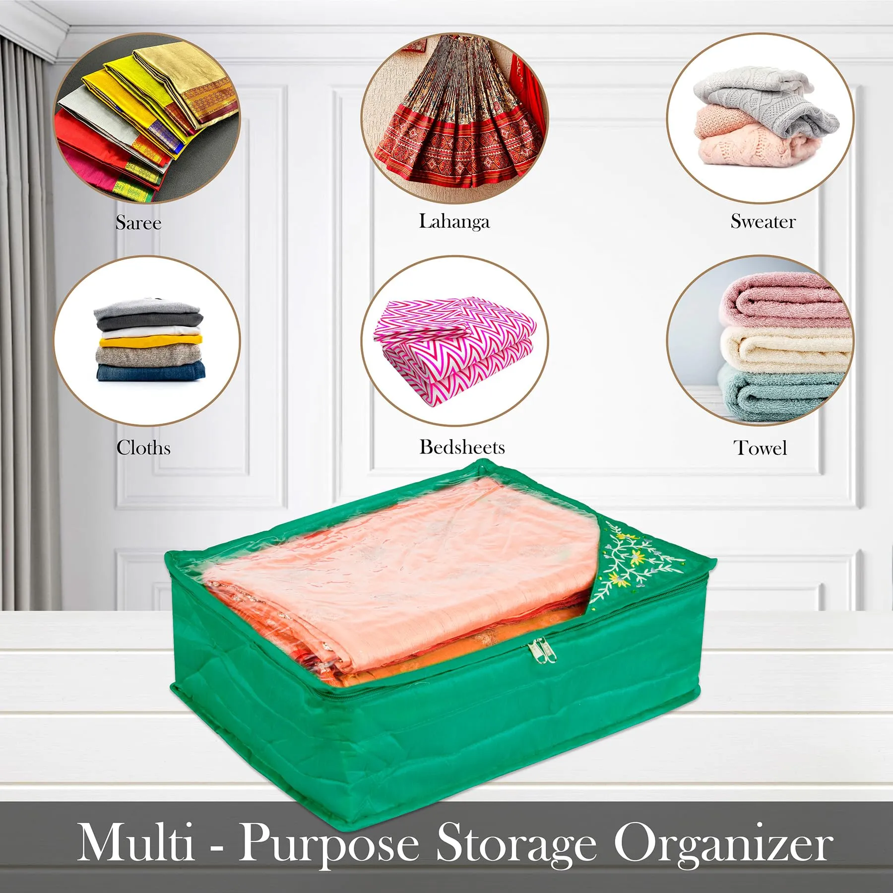Kuber Industries Saree Cover | Clothes Storage Bag | Storage Organizer Bag | Zip Closure Saree Cover | Wardrobe Organizer | Side Embroidery Saree Cover | 6 Inch | Green