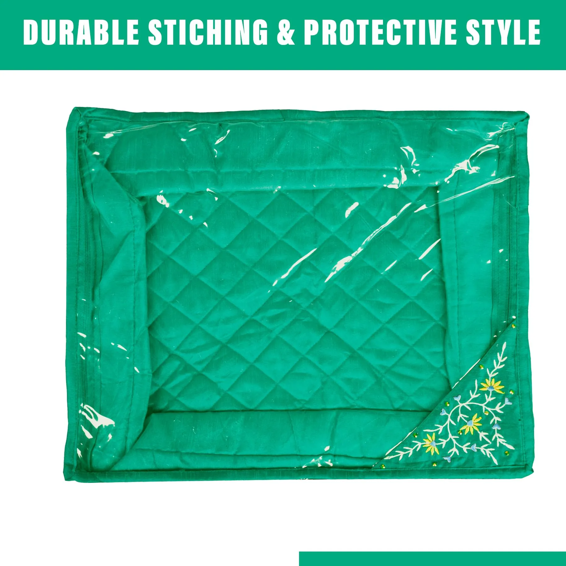 Kuber Industries Saree Cover | Clothes Storage Bag | Storage Organizer Bag | Zip Closure Saree Cover | Wardrobe Organizer | Side Embroidery Saree Cover | 6 Inch | Green