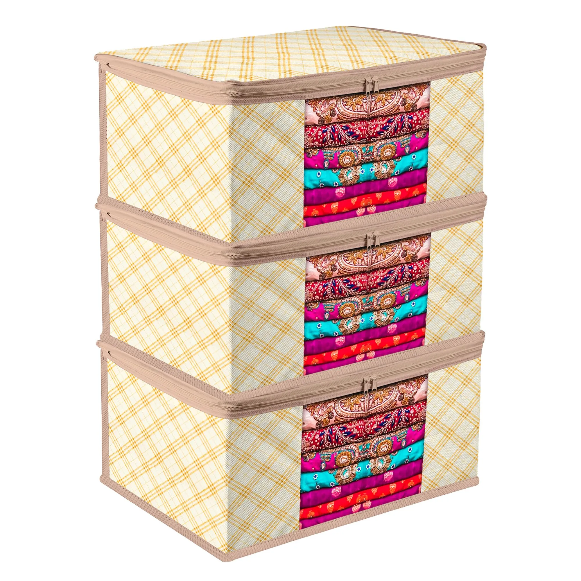 Kuber Industries Saree Cover | Zip Closure Saree Cover | Clothes Storage Bag | Wardrobe Organiser | Transparent Window Saree Cover | Check-Design | 9 inch | Pack of 3 | Cream