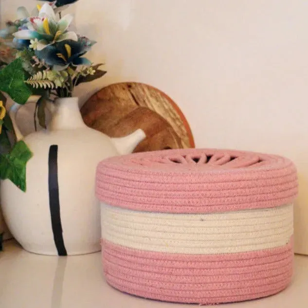 Light Pink Cotton Storage Basket With Lid