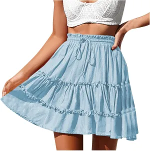 Lightweight Skirts for Women with Drawstring Layered Soft Flowy Swing High Waist Trendy Summer Beach Skirt