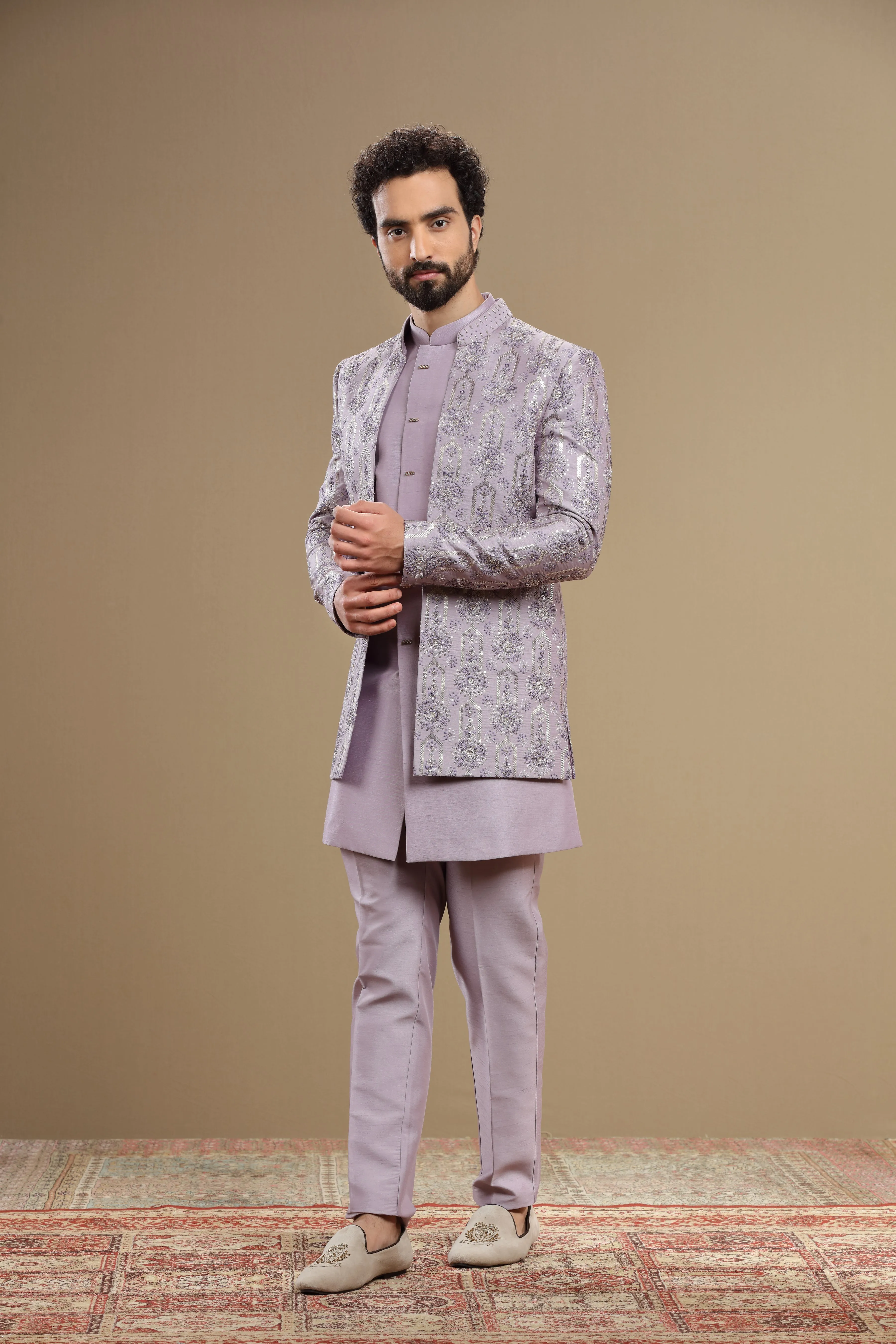 lilac indowestern Hand embroidered  in floral motif