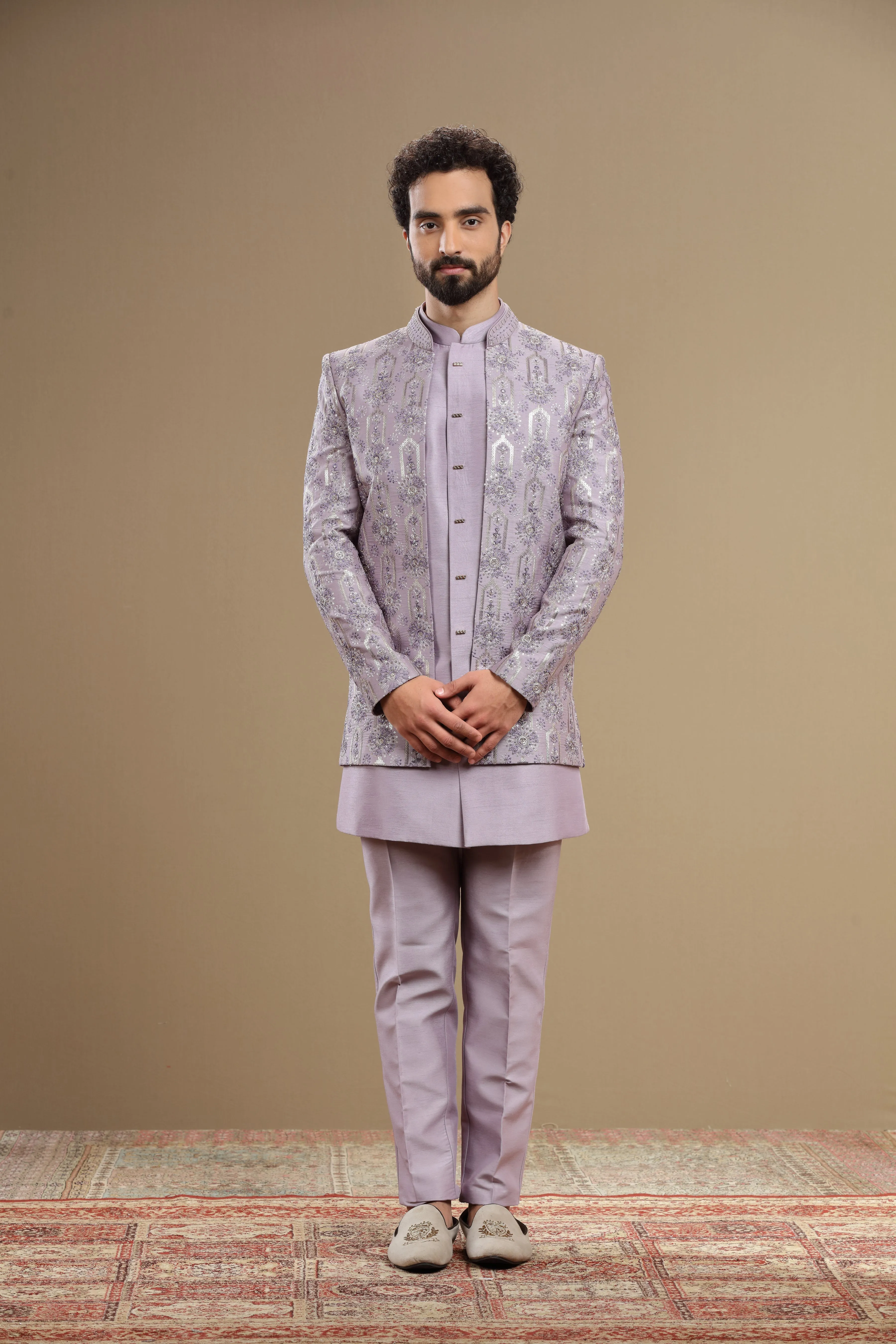 lilac indowestern Hand embroidered  in floral motif