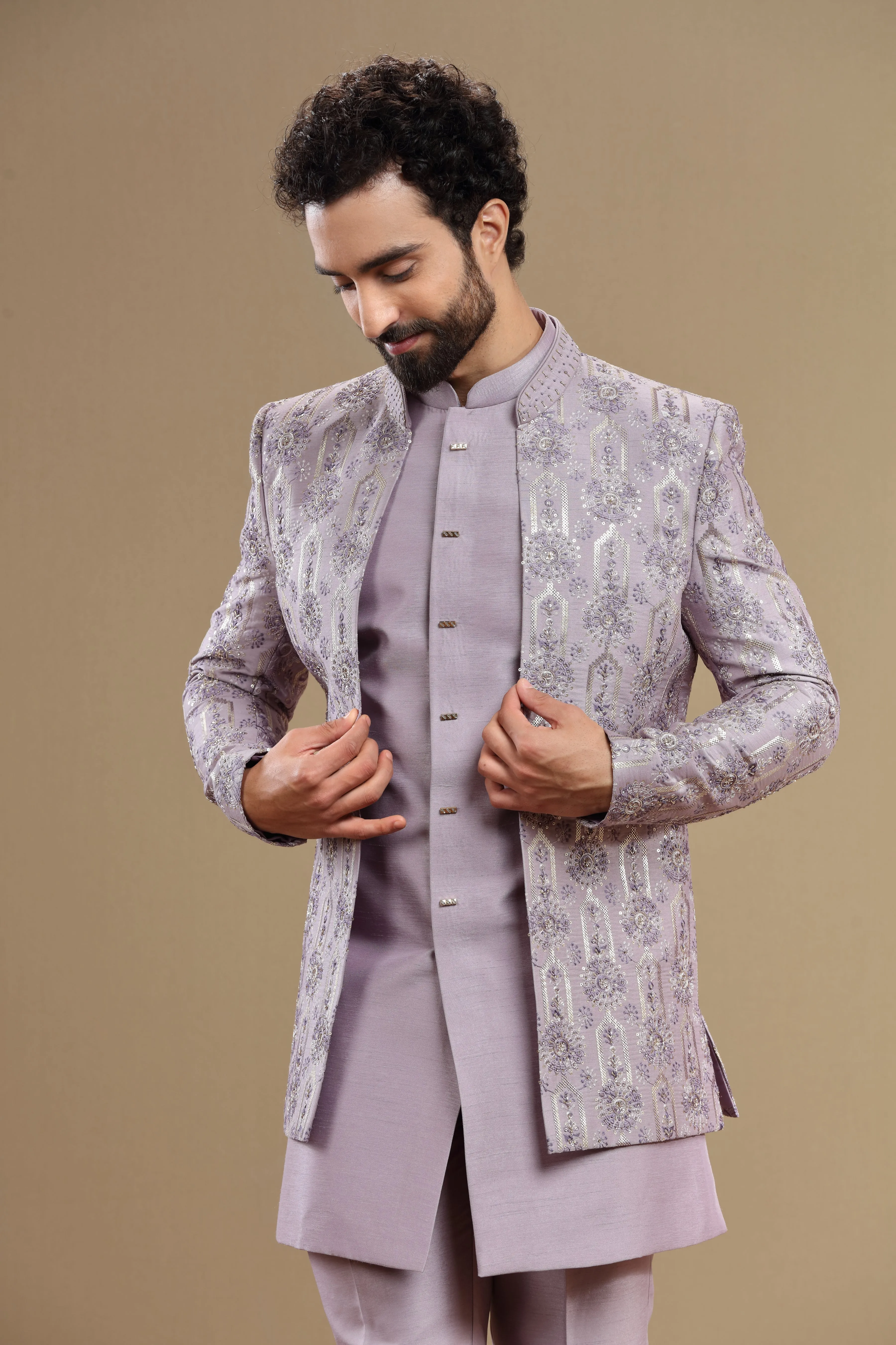 lilac indowestern Hand embroidered  in floral motif