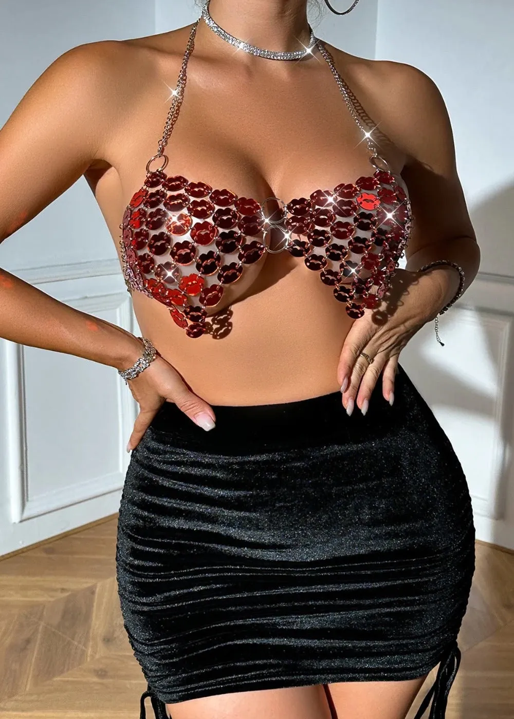 Lips Shape Sequin Metallic Halter Top
