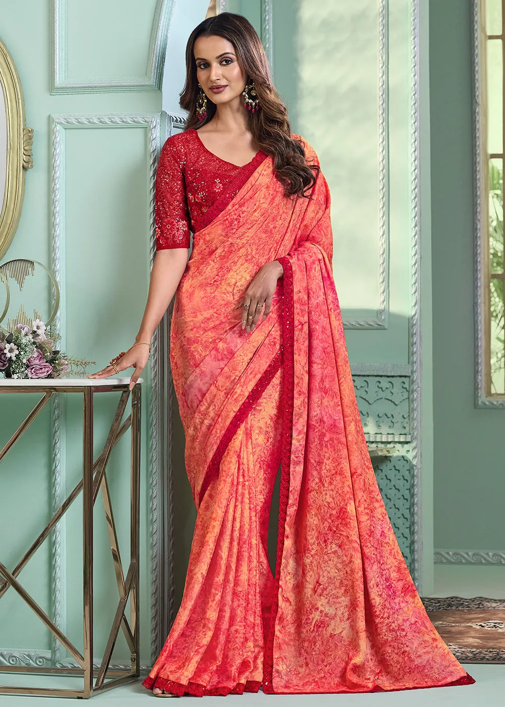 Lovely Peach Chiffon Silk Embroidered Wedding Party Wear Saree