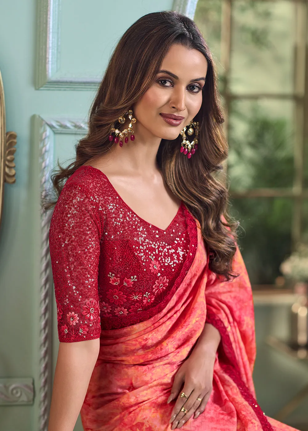 Lovely Peach Chiffon Silk Embroidered Wedding Party Wear Saree
