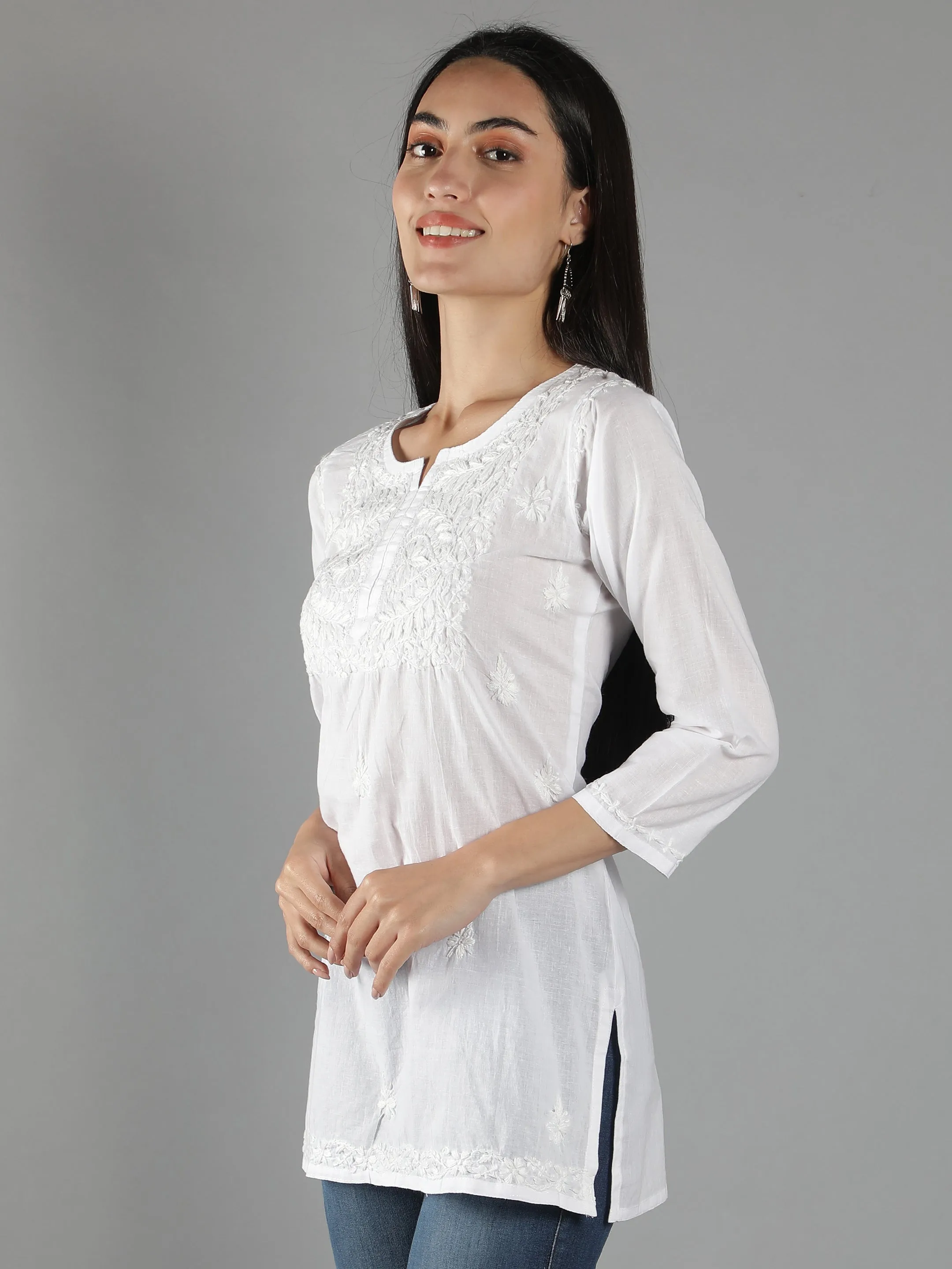 Lucknowi Chikankari White Cotton Top Tunic