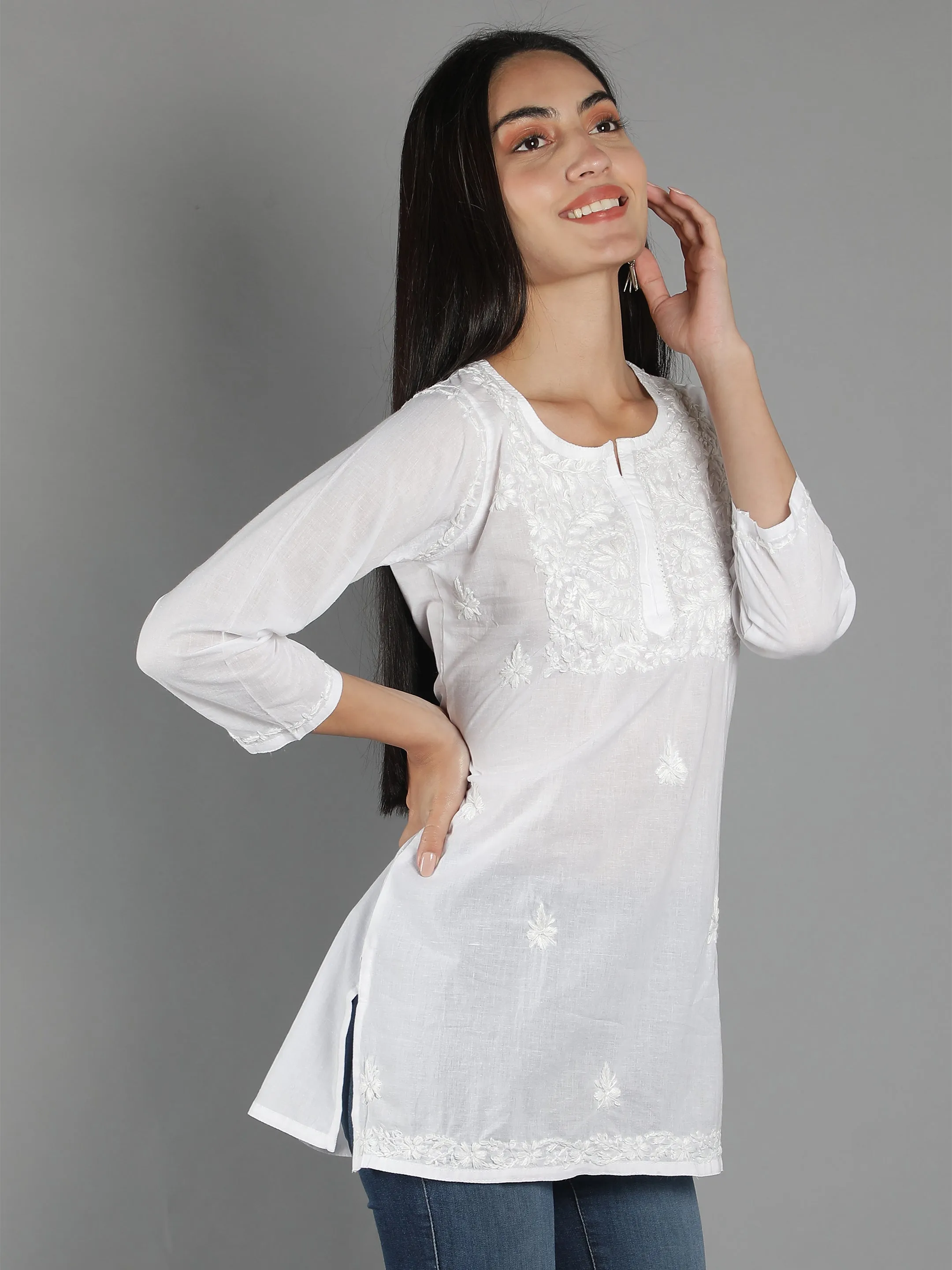 Lucknowi Chikankari White Cotton Top Tunic