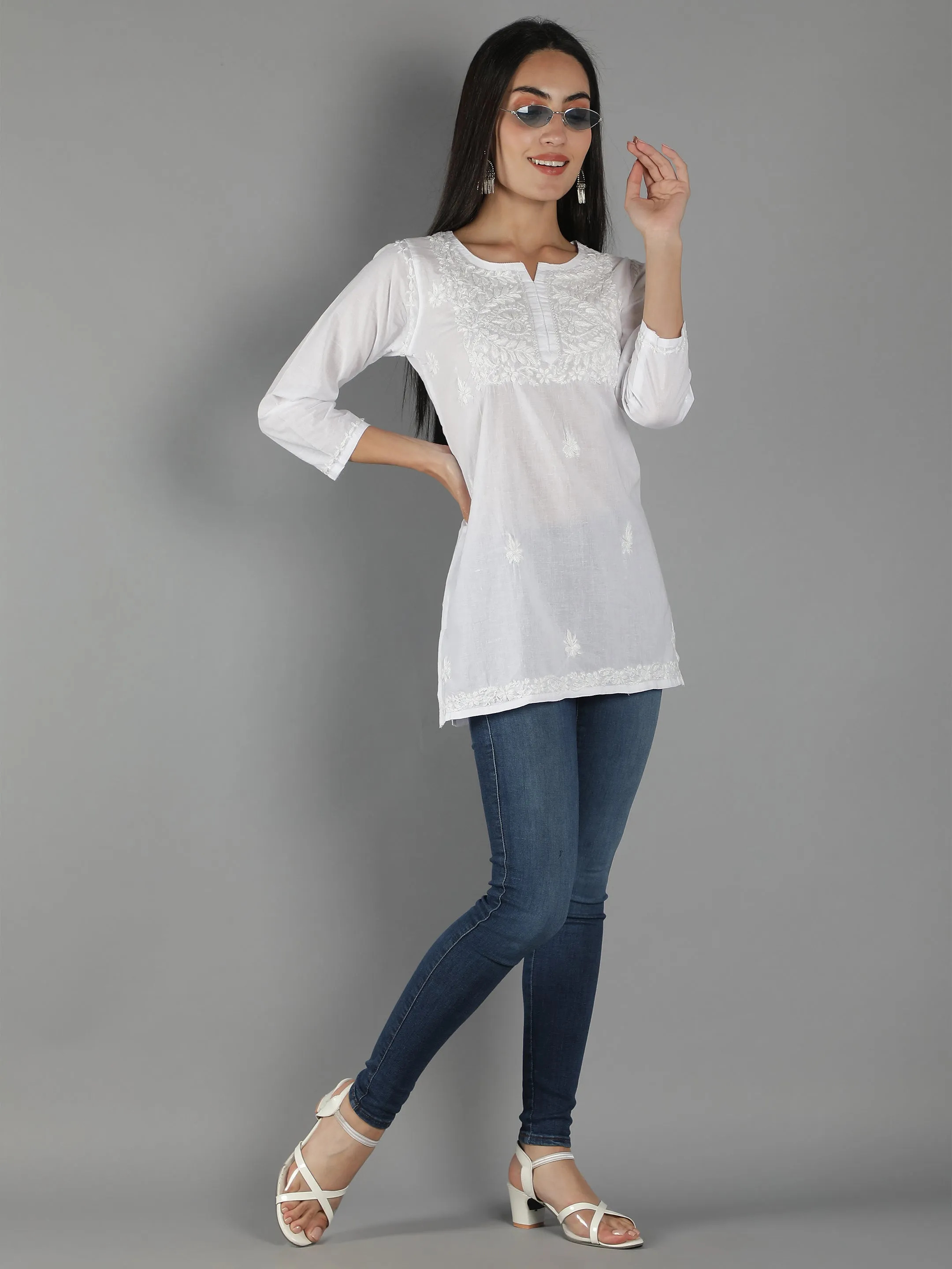 Lucknowi Chikankari White Cotton Top Tunic