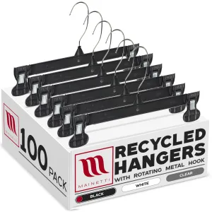 Mainetti 6012, 12" Black Plastic, Pant Skirt Slack Bottom Hangers, with turnable metal hook, sturdy plastic non-slip clips