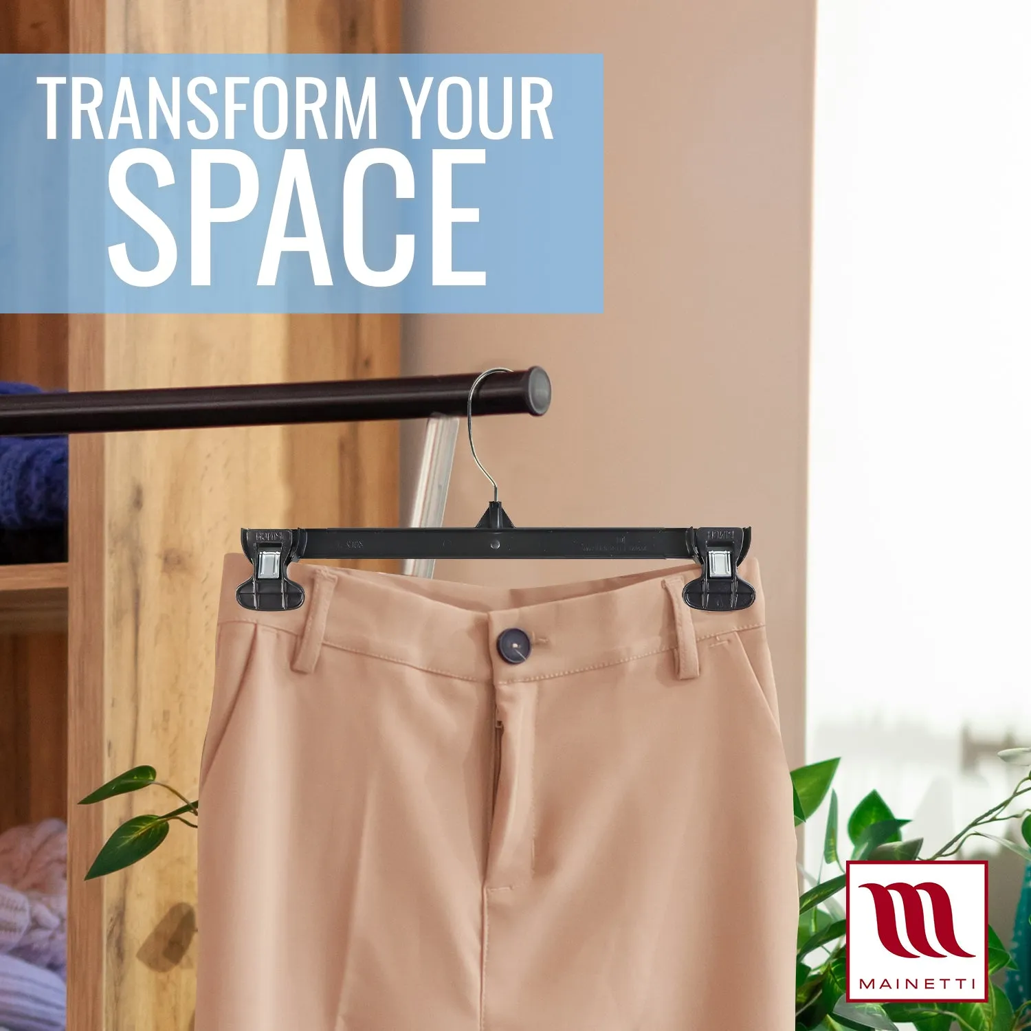 Mainetti 6012, 12" Black Plastic, Pant Skirt Slack Bottom Hangers, with turnable metal hook, sturdy plastic non-slip clips