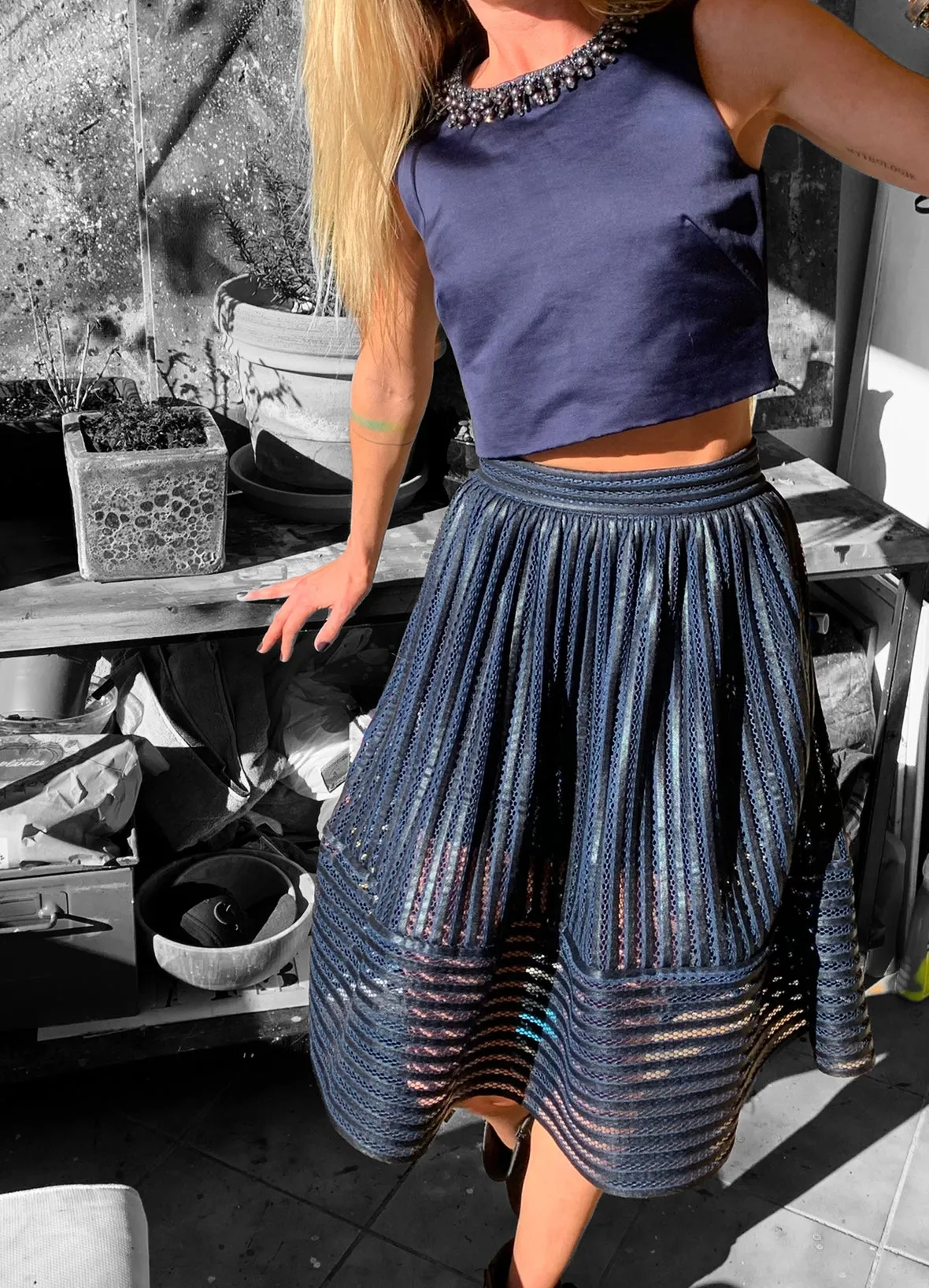 Maje Mesh Navy Mid length skirt