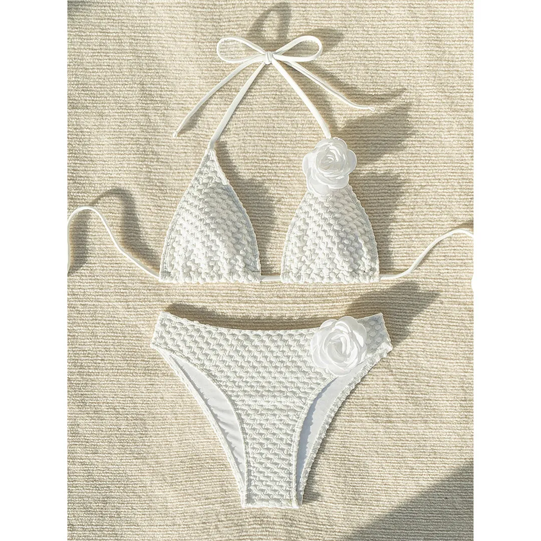 Martha 3D Flowers Halter Wrinkled Bikini