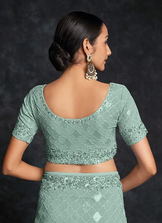 Mesmerizing Pista Green Georgette Saree with Heavy Embroidery