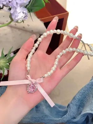 My Prettiest Treasure Heart Charm Pearl Necklace