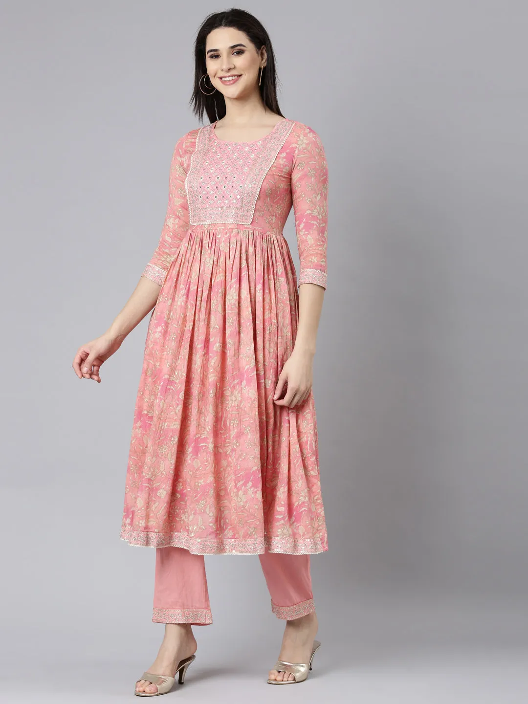 Neerus Coral Pleated Straight Floral Kurta And Trousers With Dupatta