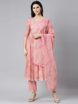 Neerus Coral Pleated Straight Floral Kurta And Trousers With Dupatta