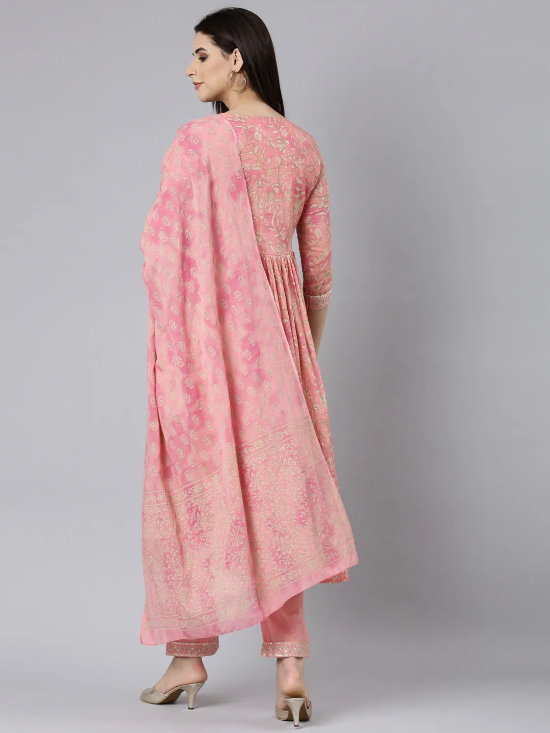 Neerus Coral Pleated Straight Floral Kurta And Trousers With Dupatta