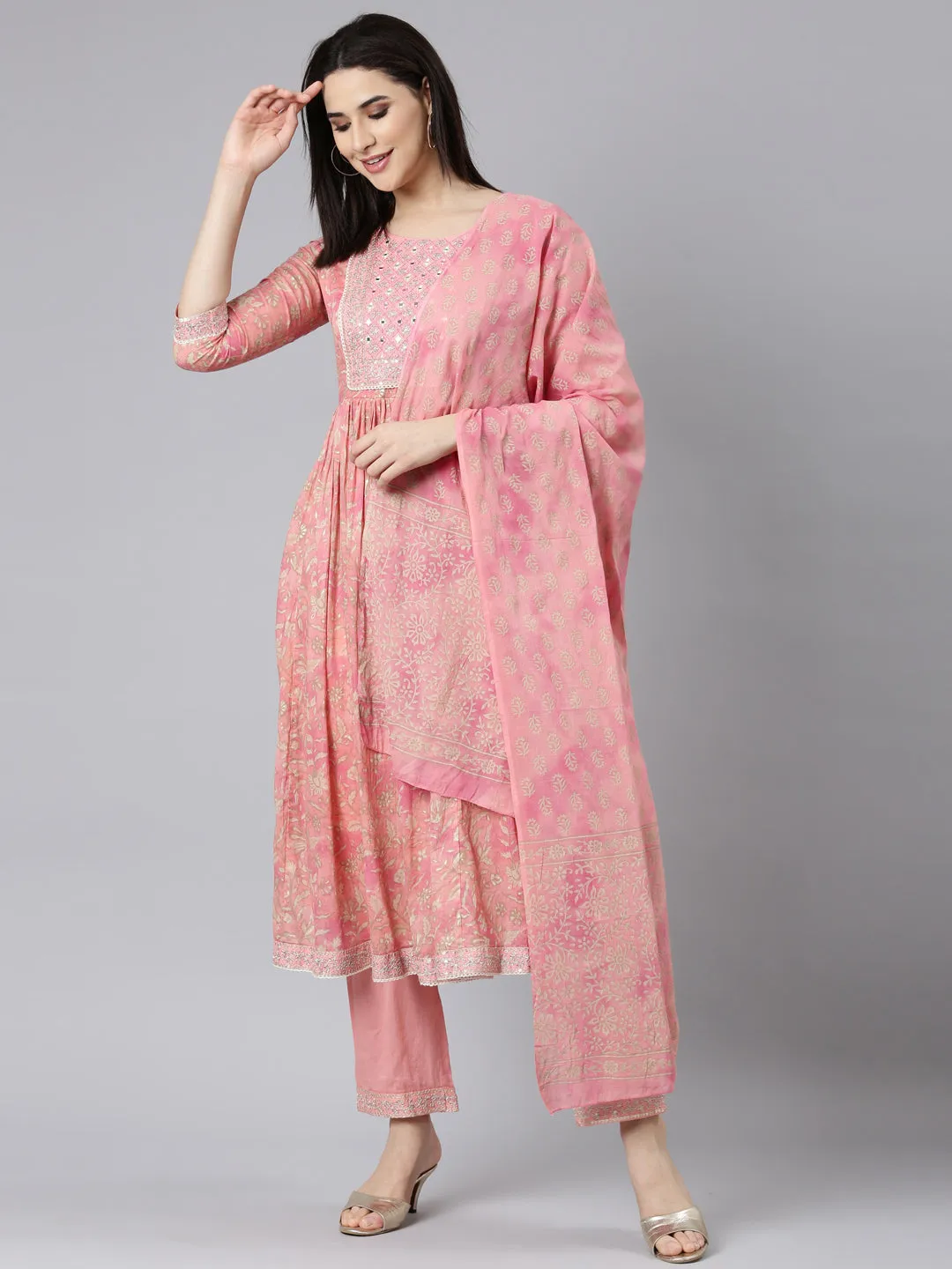 Neerus Coral Pleated Straight Floral Kurta And Trousers With Dupatta