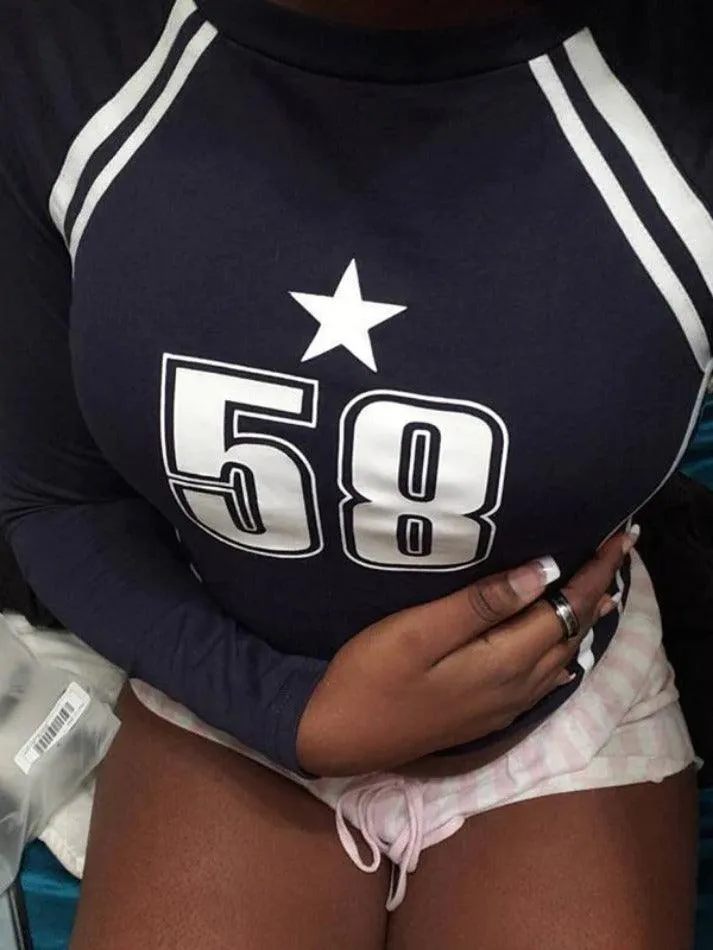 Number Print Cropped Long Sleeve Tee