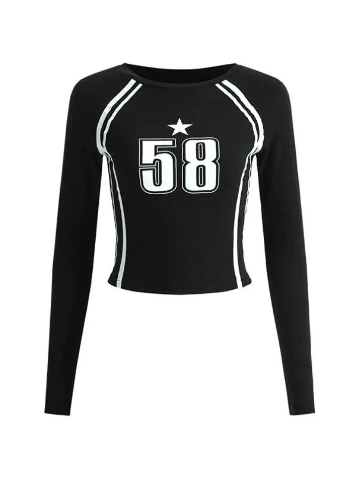 Number Print Cropped Long Sleeve Tee