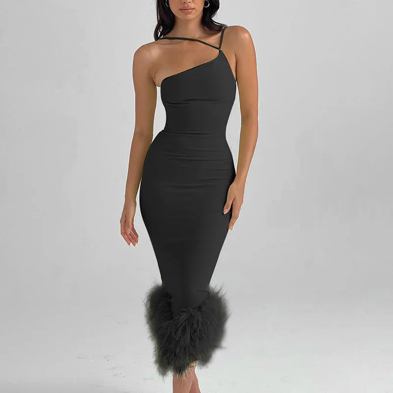 One Shoulder Fur Hem Bodycon Dress