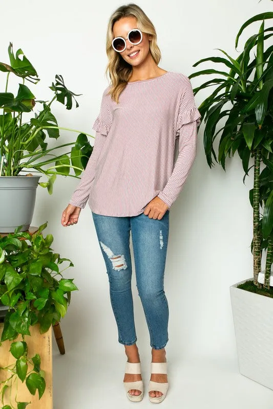 PIN STRIPE RUFFLED LONG SL TOP