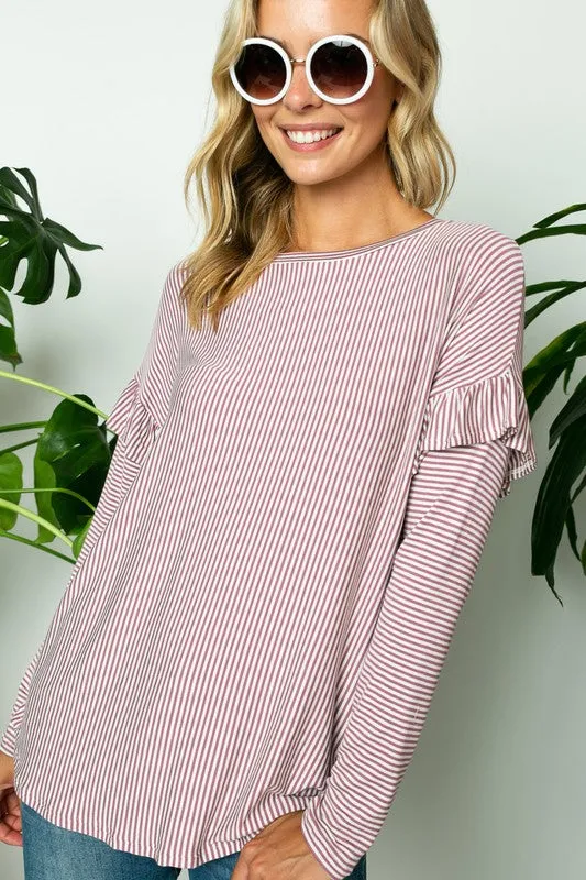 PIN STRIPE RUFFLED LONG SL TOP